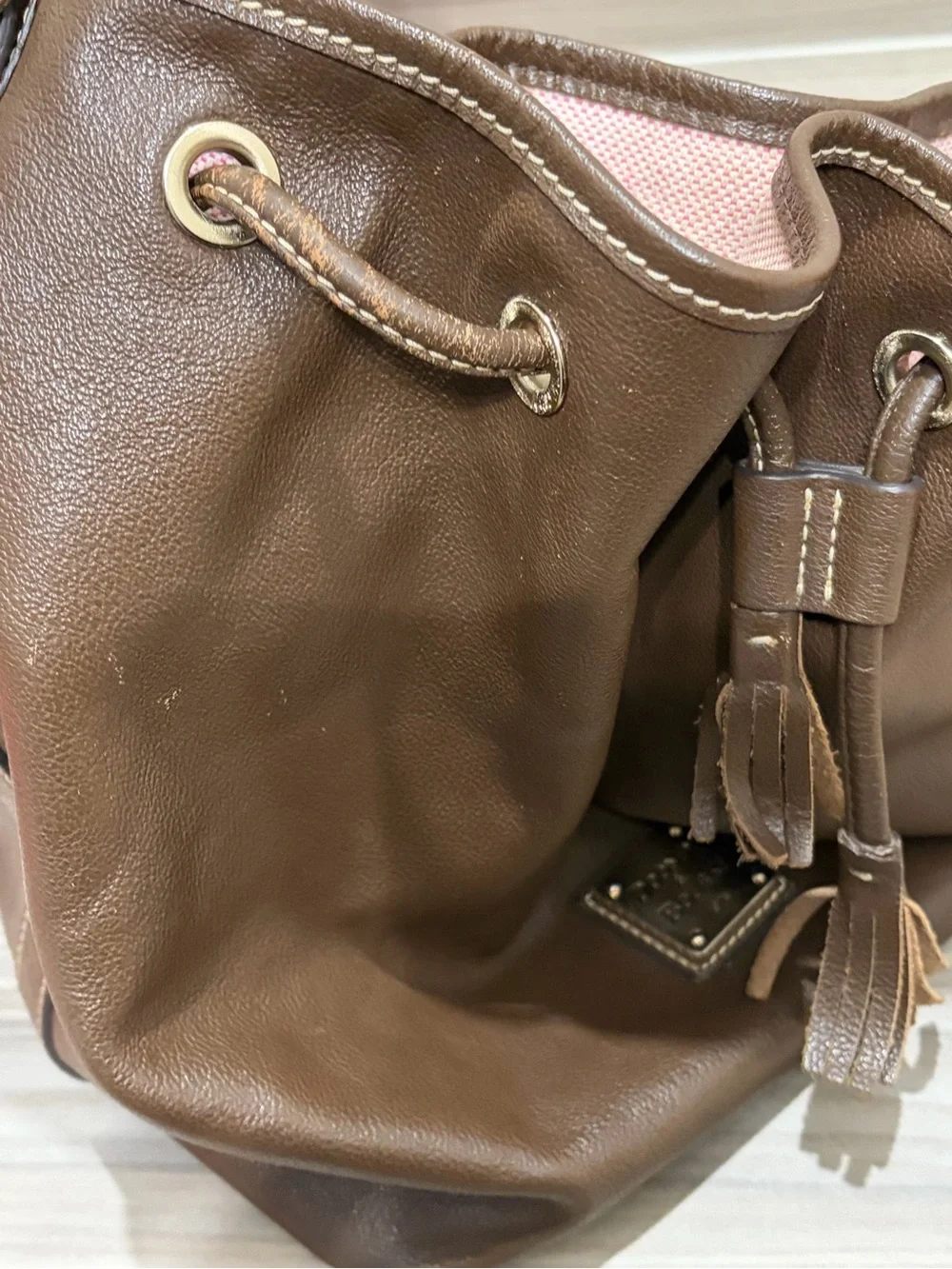 Dooney & Bourke Chocolate Brown Leather Drawstring Bucket Bag